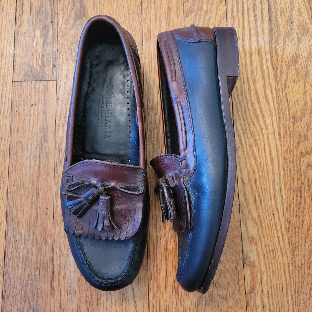 Cole Haan 11E Loafers Brown Black Tassel Kiltie Handsewn Leather Academia Earthy